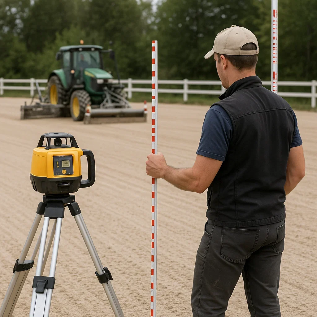 Reitplatzbegradigung mit Laser-Nivellierung durch Traktor für ebene Trainingsfläche