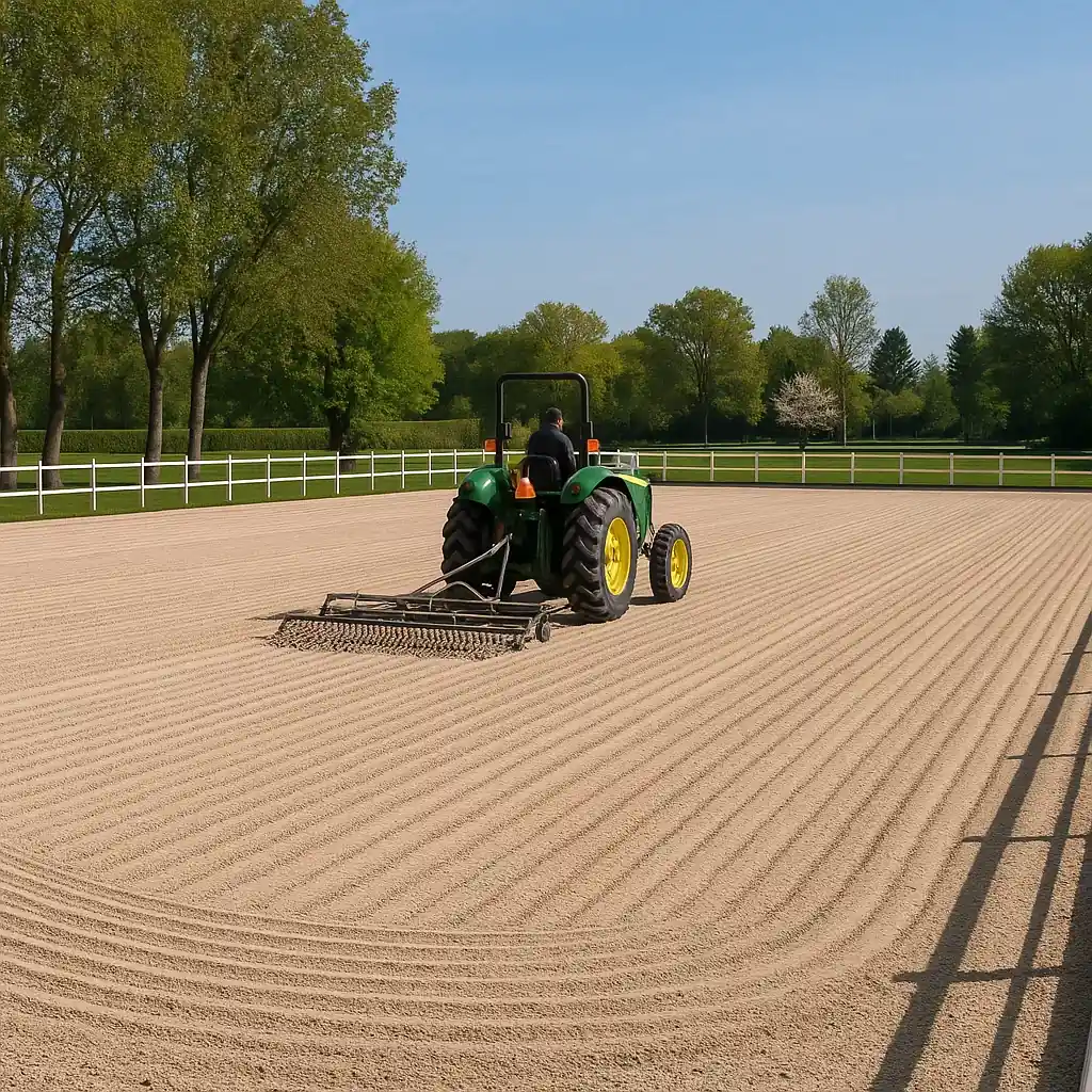 Traktor mit Platzplaner bei der professionellen Reitplatzpflege und Bodenbearbeitung