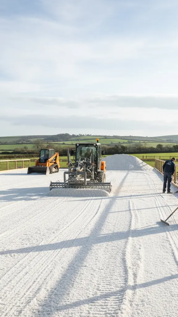 Reitplatzsanierung mit hochwertigem weißem Quarzsand für optimale Drainage